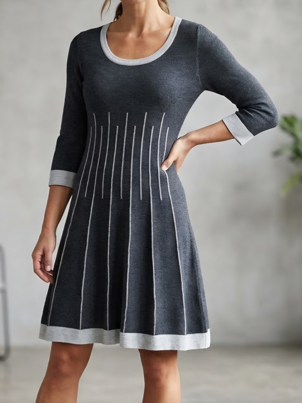 Nine West Charcoal and Light Gray Fit-and-Flare Knit Dress